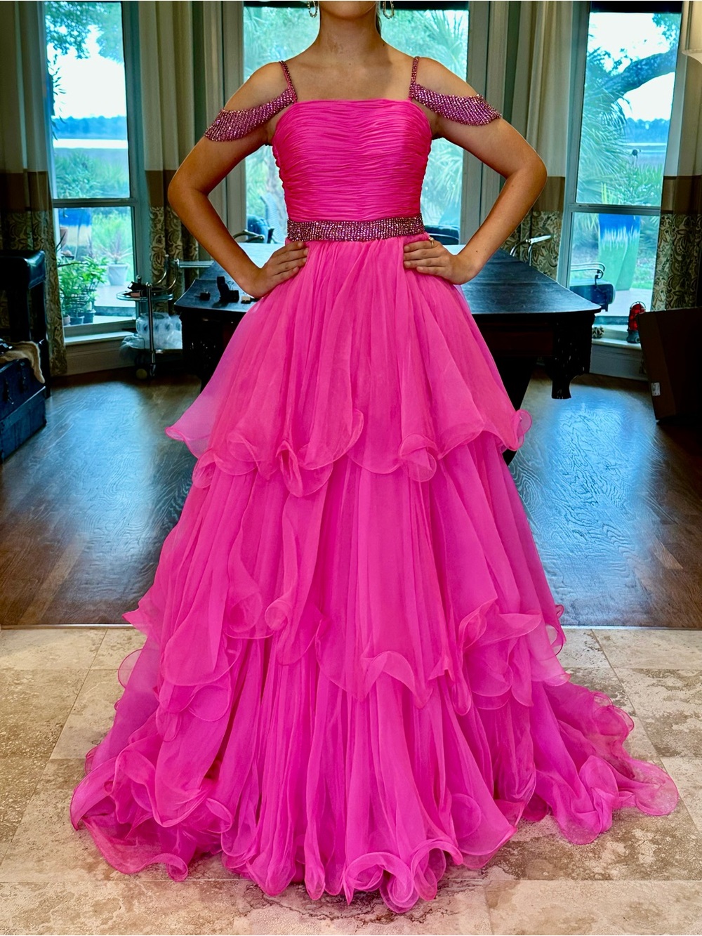 Sherri Hill Hot Pink Tiered Ruffled Prom Dress with Beaded Accents